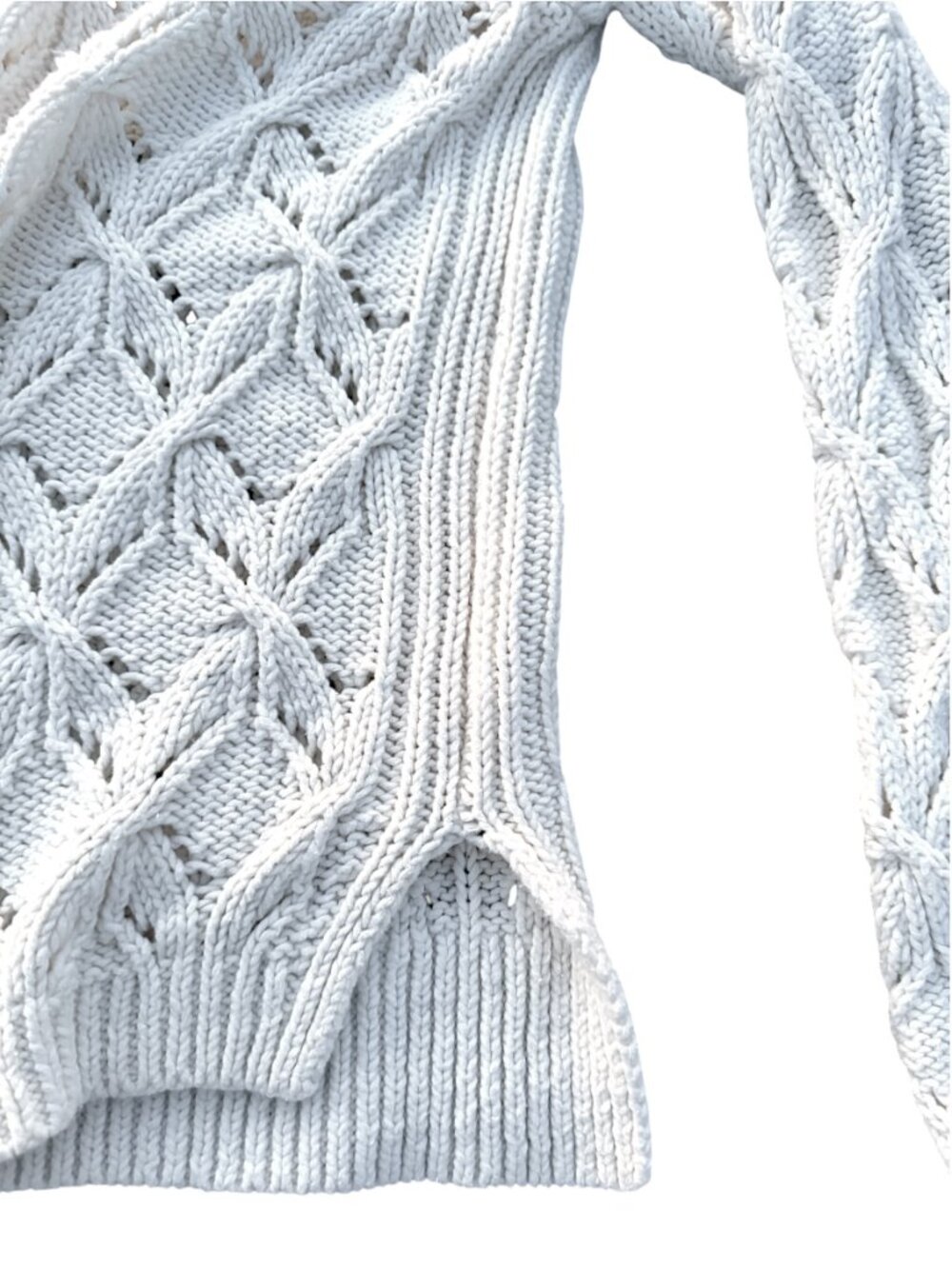 LOFT Cream Cable Knit Openwork Pointelle Sweater Off White Crew Neck - Picture 12 of 16